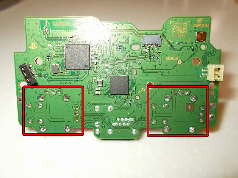 デュアルショック 4 コントローラー（CUH-ZCT2J11、JDM-055 基板）アナログスティック交換作業記録、デュアルショック 4 コントローラー（CUH-ZCT2J11）分解・アナログスティック交換作業、デュアルショック 4（CUH-ZCT2J11、JDM-055 基板）アナログスティックはんだ付け、左右アナログスティック基板はんだ付け完了