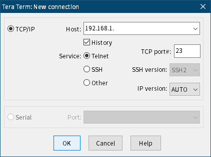 NEC 業務用ルーター UNIVERGE IX2215（中古）自宅用ルーター IPv4 PPPoE ネットワーク設定メモ、NEC UNIVERGE IX2215 初期設定、NEC UNIVERGE IX2215 - Telnet サーバ有効化、Telnet サーバ有効化後 Tera Term を起動して TCP/IP の Host にルーターの IP アドレスを指定、Service: を Telnet に設定して OK ボタンをクリックして接続を確認