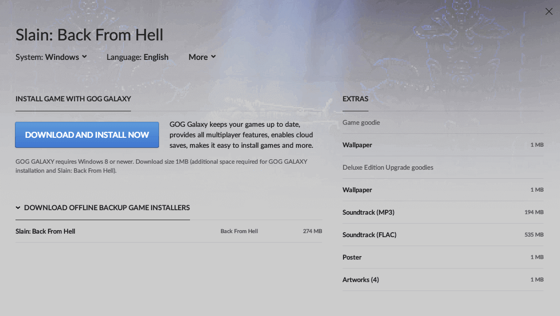 PC ゲーム Slain: Back from Hell で日本語フォントを表示する方法、PC ゲーム Slain: Back from Hell 日本語表示テスト環境、GOG 版 Slain: Back from Hell 日本語フォント表示可能