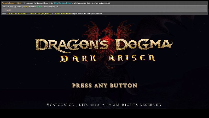 Steam 版 Dragon's Dogma: Dark Arisen ゲームプレイ最適化メモ、dinput8.dll hooks + Agnostic Dragon（アスペクト比変更・画面カスタマイズ Mod）+ ReShade（ポストプロセスインジェクター）設定・使用方法、dinput8.dll hooks + Agnostic Dragon - インストール方法・設定例、Agnostic Dragon インストール後ゲーム起動時に表示されるオーバーレイメッセージ、キーボードの Ctrl + Shift + Backspace キーもしくはコントローラーの Select + Start（Playstation コントローラー） or Back + Start（Xbox コントローラー）で Agnostic Dragon 設定メニュー表示