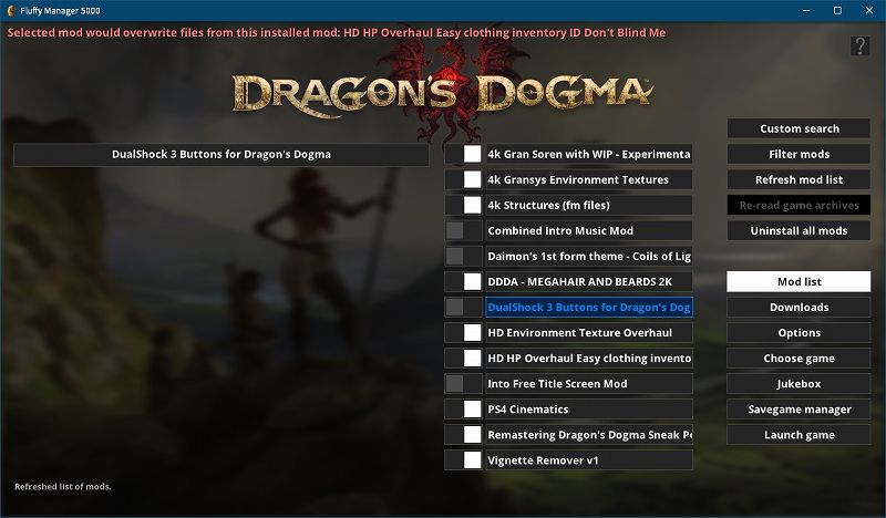 Steam 版 Dragon's Dogma: Dark Arisen ゲームプレイ最適化メモ、Steam 版 Dragon's Dogma: Dark Arisen - UI Mod、Steam 版 Dragon's Dogma: Dark Arisen - サウンド Mod、ゲームインストール先 DDDA フォルダから DualShock 3 Buttons for Dragon's Dogma Mod インストールに必要な arc ファイルを含む nativePC フォルダを抽出、抽出した nativePC フォルダがあるフォルダ内に DualShock 3 Buttons for Dragon's Dogma に含まれる Mod Installer - DualShock 3 Buttons for Dragon's Dogma v2.bat ファイルと Mod Installer フォルダを配置、別途 ARCtool.exe ファイルも配置、Mod Installer - DualShock 3 Buttons for Dragon's Dogma v2.bat ファイルを実行、ARCtool.exe ファイルをコピーして Mod Installer\DualShock 3 Buttons for Dragon's Dogma v2 フォルダ内へ配置、STEP 1 - アンパック・リパック対象の arc ファイル（52.9 MB）を Mod Installer\DualShock 3 Buttons for Dragon's Dogma v2 フォルダ内へコピー、STEP 2 - Backup フォルダを作成して arc ファイル（52.9 MB）をバックアップ、STEP 3 - arc ファイルをアンパック（空き容量に 141 MB 必要）、STEP 4 - アンパックした arc フォルダに DualShock 3 Buttons for Dragon's Dogma の tex ファイルを上書き配置、STEP 5 - DualShock 3 Buttons for Dragon's Dogma の tex ファイルに差し替えた arc フォルダを arc ファイルにリパック、STEP 6 - アンパックした arc フォルダを削除、STEP 7 - DualShock 3 Buttons for Dragon's Dogma の tex ファイルに差し替えた arc ファイルを nativePC フォルダにある同名ファイルと差し替え → ゲームインストール先 DDDA フォルダで DualShock 3 Buttons for Dragon's Dogma の bat ファイルを実行した場合かつ Fluffy Manager 5000 を使う場合は N を入力して arc ファイルの差し替えはしない、Fluffy Manager 5000 で Mod ファイルとして管理する場合 nativePC フォルダのみ使用、DualShock 3 Buttons for Dragon's Dogma は nativePC\rom フォルダ（bbs_rpg.arc、bbsrpg_core.arc、game_main.arc、title.arc）と nativePC\rom\gui フォルダ（GUIuGUIBrightness.arc、GUIuGUIInGameManual.arc、GUIuGUIInitOption.arc、GUIuGUIOption.arc）各 arc ファイルの tex ファイルを書き換える Mod のため、同 arc ファイルを使った他の Mod と競合、競合を回避するには双方の Mod を ARCtool で該当する arc ファイルをアンパックして、手作業で Mod ファイル統合後にリパック作業が必要