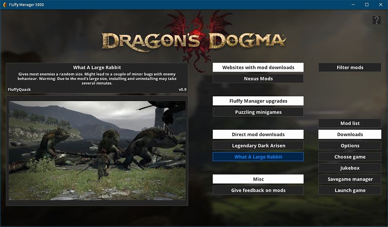 Steam 版 Dragon's Dogma: Dark Arisen ゲームプレイ最適化メモ、Fluffy Manager 5000（Mod 管理マネージャー）設定・使用方法、Fluffy Manager 5000 - Dragon's Dogma: Dark Arisen 初期設定、choose game 選択画面で Dragon's Dogma: Dark Arisen を選択、Mod をインストールするための初期設定完了、Direct mod downloads から What A Large Rabbit のダウンロードが可能