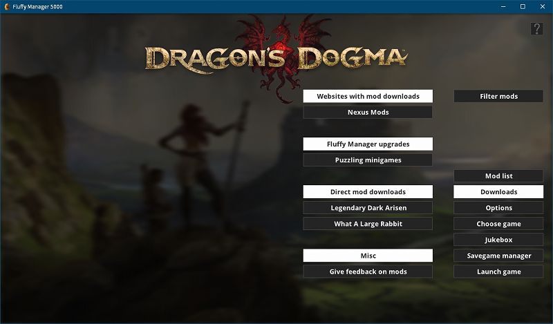Steam 版 Dragon's Dogma: Dark Arisen ゲームプレイ最適化メモ、Fluffy Manager 5000（Mod 管理マネージャー）設定・使用方法、Fluffy Manager 5000 - Dragon's Dogma: Dark Arisen 初期設定、choose game 選択画面で Dragon's Dogma: Dark Arisen を選択、Mod をインストールするための初期設定完了、右メニューにある Downloads ボタン - Fluffy Manager upgrades にある Background and logo textures ボタンから Fluffy Manager 5000 用の Wallpapers and Logos のダウンロードが可能、Download screenshot ボタンからイメージ画面が表示、Wallpapers and Logos ダウンロード中、Wallpapers and Logos ダウンロード後自動的に Fluffy Manager 5000 の背景が変わって Fluffy Manager upgrades から Background and logo textures ボタンが非表示