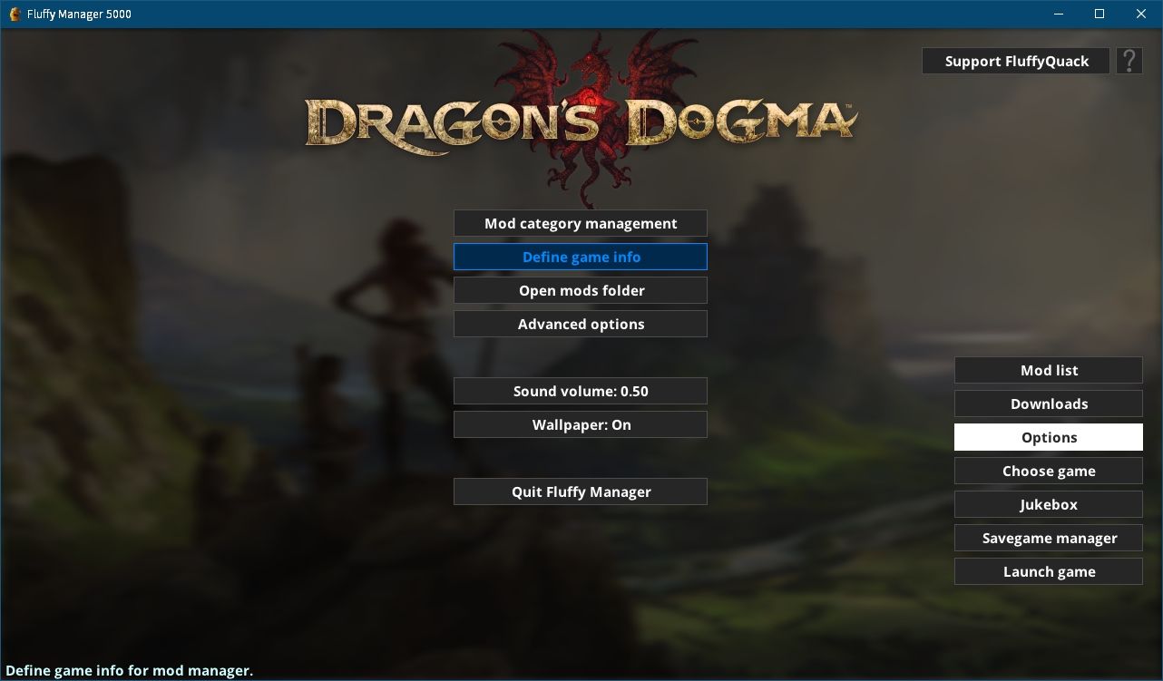 Steam 版 Dragon's Dogma: Dark Arisen ゲームプレイ最適化メモ、Fluffy Manager 5000（Mod 管理マネージャー）設定・使用方法、Fluffy Manager 5000 - Dragon's Dogma: Dark Arisen オプション、右メニューにある Options ボタン - Mod category management にある Define game info 設定内容