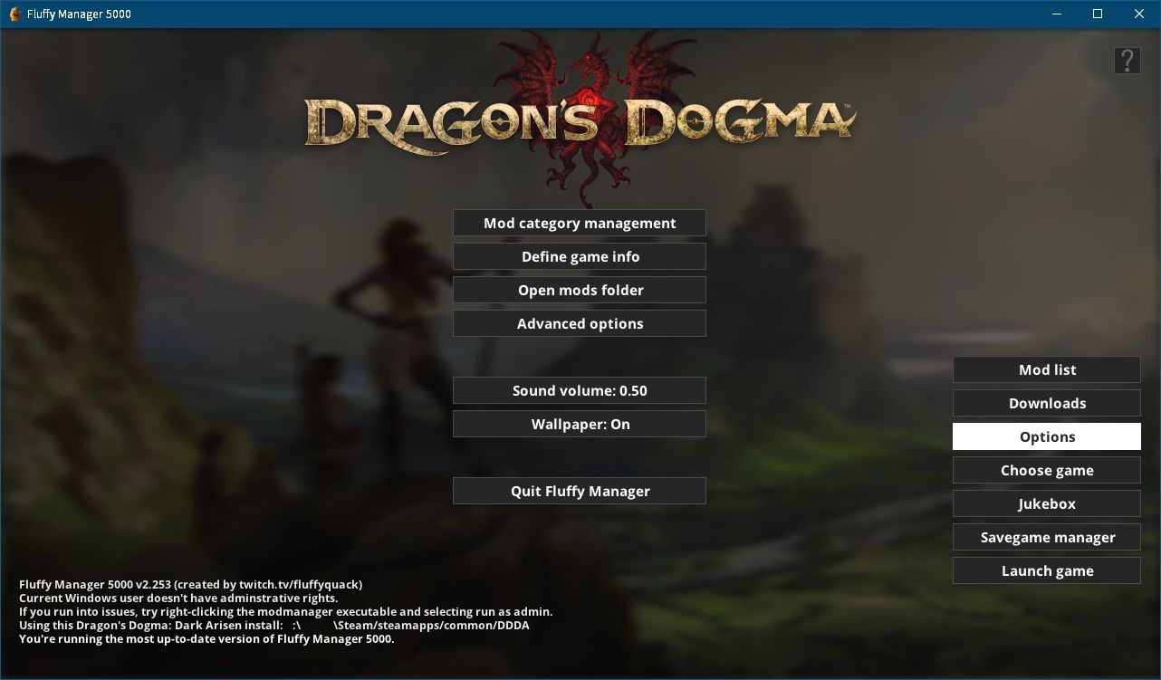 Steam 版 Dragon's Dogma: Dark Arisen ゲームプレイ最適化メモ、Fluffy Manager 5000（Mod 管理マネージャー）設定・使用方法、Fluffy Manager 5000 - Dragon's Dogma: Dark Arisen オプション、右メニューにある Options ボタン内容 - Open mods folder - Fluffy Manager 5000\Games\DD\Mods フォルダを開く、Advanced options - Online version check: On（インターネットで最新バージョンチェック）、Mod list text alignment: Middle（Mod リスト名称の左 or 中央ぞろえ設定）、Sound volume: 0.50 - jukebox の音量、Wallpaper: On - Downloads ボタンで Fluffy Manager upgrades にある Background and logo textures でダウンロードした Wallpapers and Logos の壁紙オンオフ切り替え