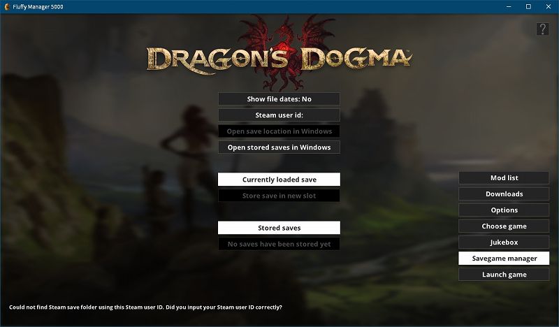 Steam 版 Dragon's Dogma: Dark Arisen ゲームプレイ最適化メモ、Fluffy Manager 5000（Mod 管理マネージャー）設定・使用方法、Fluffy Manager 5000 - Savegame manager の使い方、Savegame manager 画面 - Steam user id: 設定（Steam\userdata フォルダにある数字を入力）