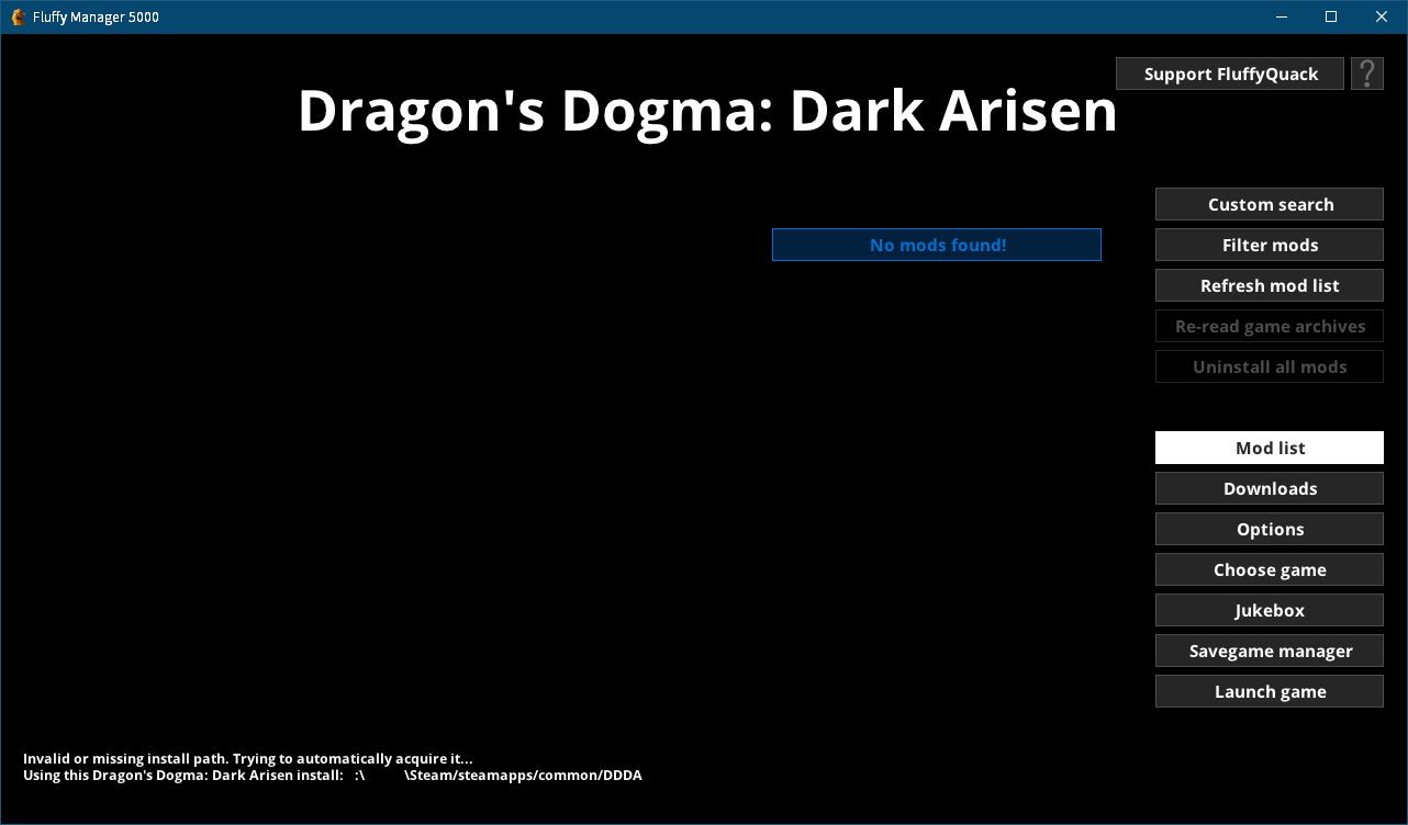 Steam 版 Dragon's Dogma: Dark Arisen ゲームプレイ最適化メモ、Fluffy Manager 5000（Mod 管理マネージャー）設定・使用方法、Fluffy Manager 5000 - Dragon's Dogma: Dark Arisen 初期設定、choose game 選択画面で Dragon's Dogma: Dark Arisen を選択、Mod をインストールするための初期設定完了