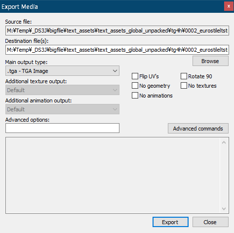 PC ゲーム旧版 DEAD SPACE シリーズ（2008～2013）日本語化ファイル解析情報、PC ゲーム DEAD SPACE 3（2013）日本語化ファイル解析メモとアンパック・解析データ公開、Noesis ツールを使ったビットマップフォント（tg4h と tg4g ファイル）エクスポート方法、Noesis をダウンロードして展開・解凍、XeNTaX からダウンロードした tex_DeadSpace123_PC_PS3_X360_tg4h.py ファイルを plugins\python フォルダに配置後、Noesis.exe か Noesis64.exe を実行して起動、Noesis が起動したらアンパックした text_assets_global.str の tg4h フォルダに移動、画像中央下にあるドロップダウンリストで Dead Space 1/2/3 [PC/PS3/X360] (*.tg4h)が選択されている状態で tg4h ファイルをダブルクリックすると、画面右側にフォントテクスチャのプレビュー画像が表示、フォントテクスチャをエクスポートしたい場合は tg4h ファイルを右クリック → Export を選択、Main output type でエクスポートしたいファイル形式が選択可能、Export ボタンをクリックすると指定した場所にエクスポート（デフォルトは tg4h ファイルと同じフォルダ内にエクスポート）