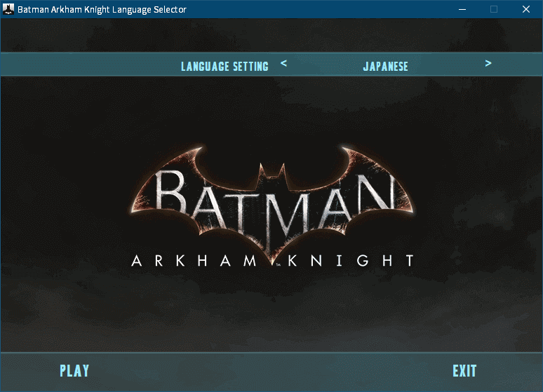 PC ゲーム Batman: Arkham Knight ゲームプレイ最適化メモ、Epic 版 Batman: Arkham Knight 公式日本語言語設定方法、LanguageSelector.exe を使った公式日本語設定方法、ゲームインストール先 BatmanArkhamKnight\Binaries\Win64 フォルダにある LanguageSelector.exe ファイルを起動、Batman Arkham Knight Language Selector 画面が開き、LANGUAGE SETTING を JAPANESE に変更、PLAY ボタンをクリックしてゲームを起動してゲーム画面が日本語になっているかどうか確認
