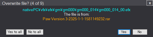 Steam 版 MONSTER HUNTER WORLD: ICEBORNE ゲームプレイを快適にする Mod 導入方法とゲームシステムメモ、MHW Mod Manager の使用方法、MHW Mod Manager - Mod ファイル干渉（対象ファイル上書きなしインストール）、Paw Version 3-2325-1-1-1581149232.rar を選択すると、Mod Archive Info: 欄に「Mods that change files also included in this archive : Unique Version 3-2325-1-1-1581149347.rar」 と表示、Mod をインストールする前に干渉している Mod アーカイブファイル名が表示、Dropped Items efx Mod を使った Mod ファイル干渉テスト、MHW Mod Manager に Paw Version 3-2325-1-1-1581149232.rar と Unique Version 3-2325-1-1-1581149347.rar を登録（一部同じ Mod ファイル名があるため一緒にインストールする場合は必ず干渉）、Unique Version 3-2325-1-1-1581149347.rar を選択すると、Mod Archive Info: 欄に「Mods that change files also included in this archive : Paw Version 3-2325-1-1-1581149232.rar」 と表示、Mod をインストールする前に干渉している Mod アーカイブファイル名が表示、Paw Version 3-2325-1-1-1581149232.rar をインストール、画面中央の Mod フォルダ・ファイルの文字色が白（ホワイト）から緑（グリーン）に変化（この時点では Mod ファイルの干渉なし）、Unique Version 3-2325-1-1-1581149347.rar を選択すると 画面中央の Mod フォルダ・ファイルの一部のファイルの文字色がオレンジになり、Mod をインストールする前に干渉している Mod ファイル名が判明する、Unique Version 3-2325-1-1-1581149347.rar をインストールしようとすると Overwirte file? 画面が表示され、干渉するファイル名に対して上書きするか（Yes to all ボタンで以降すべて自動的に上書き処理、Yes ボタンで表示された Mod ファイルのみ個別に上書き、都度確認画面が表示）、上書きしないか（No to all ボタンで以降すべて上書き処理なし、No ボタンで表示された Mod ファイル個別に上書きは行わず、都度確認画面が表示）を選択、ここでは No to all で処理