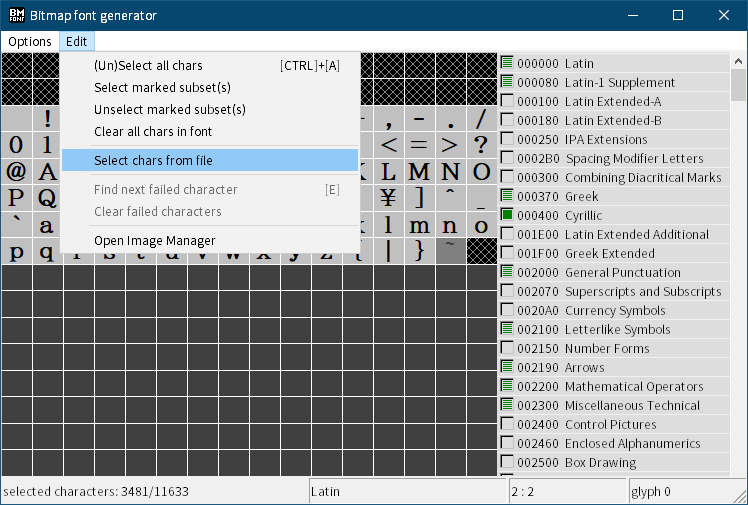 PC ゲーム リメイク版 Shadowgate（2014）で日本語を表示する方法、PC ゲーム リメイク版 Shadowgate（2014）日本語フォント作成方法、BMFont（Bitmap Font Generator）日本語ビットマップフォント作成、BMFont（Bitmap Font Generator）メニュー Edit → Select chars from file をクリック、文字一覧テキストファイル（Charset が Unicode の場合 UTF-16、OEM の SHIFTJIS の場合 BOM 付き UTF-8）を登録