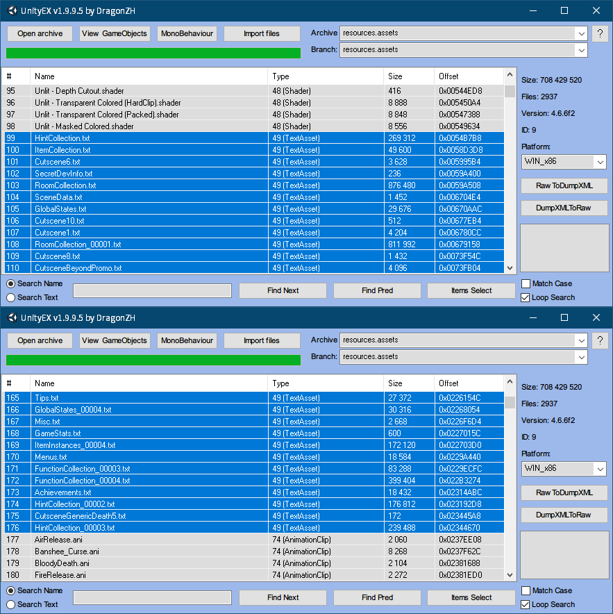PC ゲーム リメイク版 Shadowgate（2014）で日本語を表示する方法、PC ゲーム リメイク版 Shadowgate（2014）言語ファイル編集方法、言語テキストファイル（Base64）エクスポート、ゲームインストール先 Shadowgate_Data フォルダにある resources.assets ファイルを UnityEX で開き、#99 ～ #176 にある txt を選択して右クリックで Export with convert or Raw を選択して txt ファイルをエクスポート
