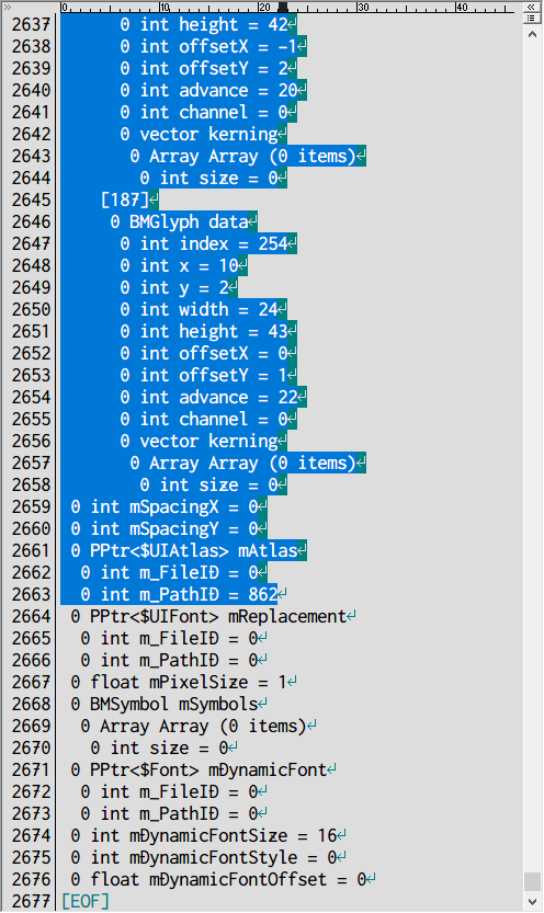 PC ゲーム リメイク版 Shadowgate（2014）で日本語を表示する方法、PC ゲーム リメイク版 Shadowgate（2014）日本語フォント作成方法、Shadowgate（2014）からテクスチャファイル（nGUI ビットマップフォント）と MonoBehaviour（UIFont）ファイルエクスポート、UABE からエクスポートした MonoBehaviour（UIFont）テキストファイルをテキストエディタで開き、Rectf mUVRect 以下 PPtr<$UIAtlas> mAtlas まで削除して保存、削除した個所は Unity ゲームエンジンで作成した nGUI フォントの MonoBehaviour（UIFont）データから該当箇所を移植して座標データを修正