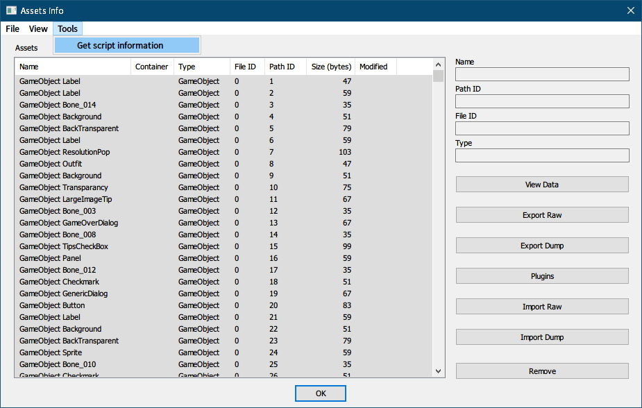 PC ゲーム リメイク版 Shadowgate（2014）で日本語を表示する方法、PC ゲーム リメイク版 Shadowgate（2014）システムテキスト編集方法、Shadowgate（2014）から MonoBehaviour ファイル（UILabel）一括エクスポート、Shadowgate_Data フォルダにある level0 ファイルを UABE で開き、Asset info 画面のメニュー Tools にある Get script information をクリック