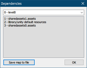 PC ゲーム リメイク版 Shadowgate（2014）で日本語を表示する方法、PC ゲーム リメイク版 Shadowgate（2014）システムテキスト編集方法、Shadowgate（2014）から MonoBehaviour ファイル（UILabel）一括エクスポート、Shadowgate_Data フォルダにある level0 ファイルを UABE で開く、Asset info 画面のメニュー View にある Dependencies をクリックしたときに表示される Dependencies 画面、0 - level0 の 0 は File ID、sharedassets1.assets ファイルの File ID は 1、UABE で level0 ファイルを開いた場合、Type が MonoBehaviour : UILabel (Assembly-CSharp.dll) を含むファイルは level0 と sharedassets1.assets ファイル