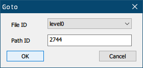 PC ゲーム リメイク版 Shadowgate（2014）で日本語を表示する方法、PC ゲーム リメイク版 Shadowgate（2014）システムテキスト編集方法、MonoBehaviour ファイル（UILabel）編集＆個別インポート、書き換えたいテキストの MonoBehaviour : UILabel (Assembly-CSharp.dll) ファイルが判明している場合、UABE で level0 ファイルを開き Assets info 画面のメニュー View → Go to assets を選択、Go to 画面で File ID の指定と Path ID 番号を入力して OK ボタンをクリック
