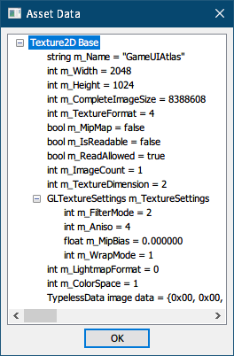 PC ゲーム リメイク版 Shadowgate（2014）で日本語を表示する方法、PC ゲーム リメイク版 Shadowgate（2014）日本語フォント作成方法、Unity でビルドしたアセットファイルからテクスチャファイル（nGUI ビットマップフォント）と MonoBehaviour（UIFont）ファイルエクスポート、nGUI フォント作成後 Unity 4 でビルドして生成された sharedassets0.assets ファイルからテクスチャファイル（nGUI ビットマップフォント）と MonoBehaviour（UIFont）ファイルをエクスポート、UABE で sharedassets0.assets ファイルを開いた場合、作成した nGUI フォントのテクスチャフォーマット内容が確認可能、Asset info 画面のメニュー Tools にある Get script information をクリック後 View Data ボタンをクリック、UABE で Shadowgate（2014）オリジナルの sharedassets0.assets ファイルを開き Path ID 6 にある GameUIAtlas のフォントテクスチャフォーマット内容、Unity 4 の nGUI で生成したフォントテクスチャフォーマット内容と比べて名前（Name）、縦横サイズ（Width、Height）、ファイルサイズ（CompleteImageSize）、実データ（TypelessData image data）以外同じ設定値