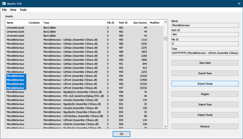 PC ゲーム リメイク版 Shadowgate（2014）で日本語を表示する方法、PC ゲーム リメイク版 Shadowgate（2014）日本語フォント作成方法、Shadowgate（2014）からテクスチャファイル（nGUI ビットマップフォント）と MonoBehaviour（UIFont）ファイルエクスポート、ゲームインストール先 Shadowgate_Data フォルダにある sharedassets2.assets ファイルを UABE で開き、Path ID 494～497 を選択して Export Dump ボタンをクリックして MonoBehaviour（UIFont）テキストファイルをエクスポート、複数項目を選択して Export Dump した場合は Select a dump type 画面が表示され 3つのエクスポートオプションが選択可能、ここではデフォルトの UABE text dump (can be imported)で MonoBehaviour（UIFont）テキストファイル（unnamed asset-sharedassets2.assets-494-MonoBehaviour.txt、unnamed asset-sharedassets2.assets-495-MonoBehaviour.txt、unnamed asset-sharedassets2.assets-496-MonoBehaviour.txt、unnamed asset-sharedassets2.assets-497-MonoBehaviour.txt）をエクスポート