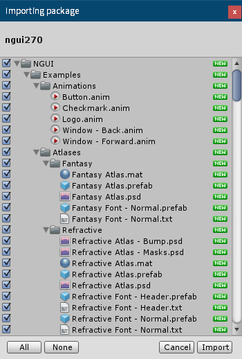 PC ゲーム リメイク版 Shadowgate（2014）で日本語を表示する方法、PC ゲーム リメイク版 Shadowgate（2014）日本語フォント作成方法、Unity ゲームエンジン 4.7.2 と nGUI 2.7.0 Free Version インストール、Unity download archive から Unity 4.x にある Unity 4.7.2 から Unity Editor を選択してダウンロード＆インストール、NGUI 公式サイトから nGUI 2.7.0 Free Version の ngui270.unitypackage をダウンロード、Unity 4.7.2 を起動してメニュー Assets → Import Package → Custom Package ... をクリックしてダウンロードした ngui270.unitypackage を開く、Importing package 画面が表示されるので Import ボタンをクリックして nGUI 2.7.0 Free Version をインポート