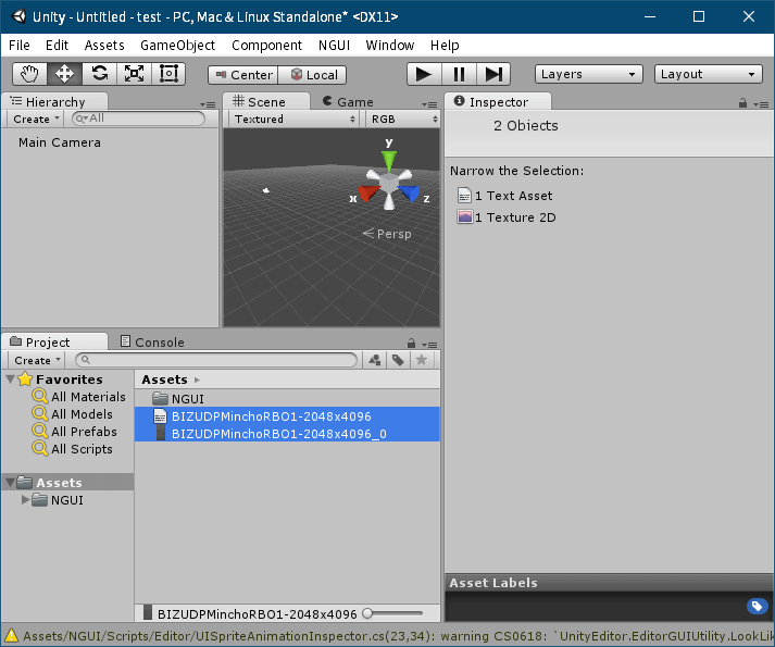 PC ゲーム リメイク版 Shadowgate（2014）で日本語を表示する方法、PC ゲーム リメイク版 Shadowgate（2014）日本語フォント作成方法、Unity ゲームエンジンで nGUI フォント作成、Unity の Project タブにある Assets フォルダに BMFont（Bitmap Font Generator）で作成した png と fnt ファイルをドラッグアンドドロップでインポート