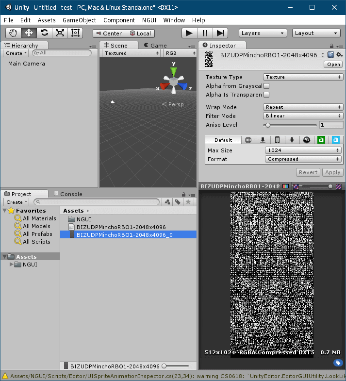 PC ゲーム リメイク版 Shadowgate（2014）で日本語を表示する方法、PC ゲーム リメイク版 Shadowgate（2014）日本語フォント作成方法、Unity ゲームエンジンで nGUI フォント作成、Unity の Project タブにある Assets フォルダに BMFont（Bitmap Font Generator）で作成した png と fnt ファイルをドラッグアンドドロップでインポート、追加した png ファイル（ファイル名末尾～_0）を選択して、Inspector タブを開き設定変更