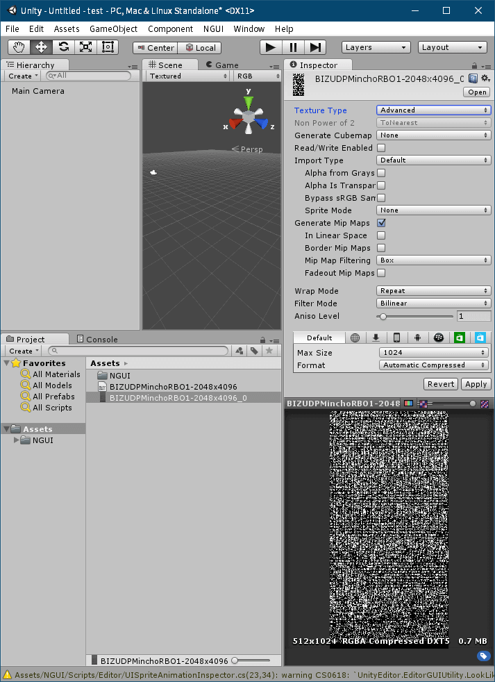 PC ゲーム リメイク版 Shadowgate（2014）で日本語を表示する方法、PC ゲーム リメイク版 Shadowgate（2014）日本語フォント作成方法、Unity ゲームエンジンで nGUI フォント作成、Unity の Project タブにある Assets フォルダに BMFont（Bitmap Font Generator）で作成した png と fnt ファイルをドラッグアンドドロップでインポート、追加した png ファイル（ファイル名末尾～_0）を選択して、Inspector タブを開き設定変更、Texture Type を Texture から Advanced に変更