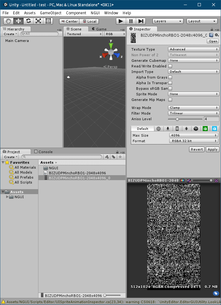 PC ゲーム リメイク版 Shadowgate（2014）で日本語を表示する方法、PC ゲーム リメイク版 Shadowgate（2014）日本語フォント作成方法、Unity ゲームエンジンで nGUI フォント作成、Unity の Project タブにある Assets フォルダに BMFont（Bitmap Font Generator）で作成した png と fnt ファイルをドラッグアンドドロップでインポート、追加した png ファイル（ファイル名末尾～_0）を選択して、Inspector タブを開き設定変更、Texture Type を Texture から Advanced に変更、Default タブにある Max Size を png ファイル縦横サイズの最大値を設定（2048x4096 の場合は 4096 に設定、4096 以上の設定は不可）、Shadowgate（2014）オリジナル nGUI テクスチャフォーマットと同じ仕様に合わせる場合は Default タブにある Format を RGBA 32bit、Generate Mip Maps のチェックマークを外す、Wrap Mode を Clamp に、Filter Mode を Trilinear、Aniso Level を 4 に設定して Apply ボタンをクリック