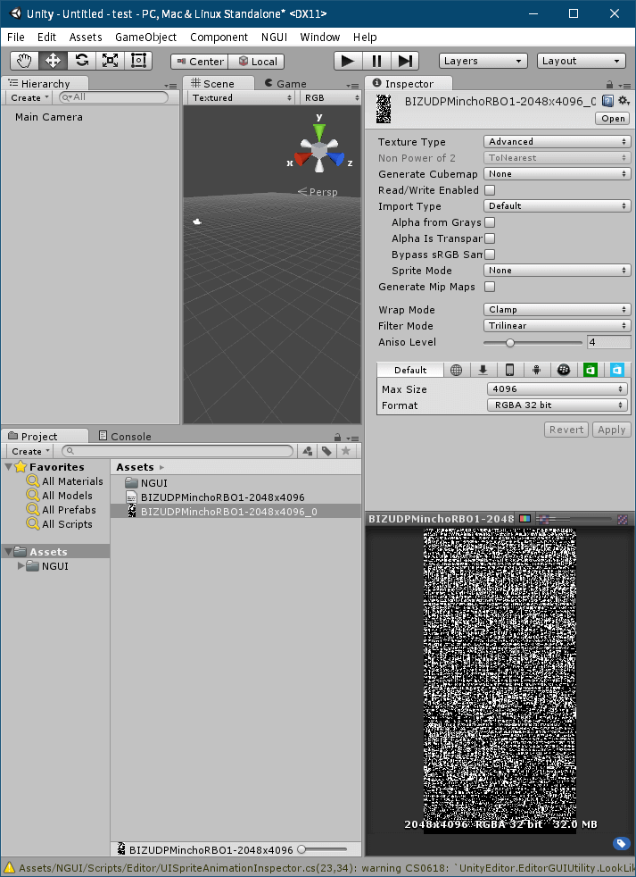 PC ゲーム リメイク版 Shadowgate（2014）で日本語を表示する方法、PC ゲーム リメイク版 Shadowgate（2014）日本語フォント作成方法、Unity ゲームエンジンで nGUI フォント作成、Unity の Project タブにある Assets フォルダに BMFont（Bitmap Font Generator）で作成した png と fnt ファイルをドラッグアンドドロップでインポート、追加した png ファイル（ファイル名末尾～_0）を選択して、Inspector タブを開き設定変更、Texture Type を Texture から Advanced に変更、Default タブにある Max Size を png ファイル縦横サイズの最大値を設定（2048x4096 の場合は 4096 に設定、4096 以上の設定は不可）、Shadowgate（2014）オリジナル nGUI テクスチャフォーマットと同じ仕様に合わせる場合は Default タブにある Format を RGBA 32bit、Generate Mip Maps のチェックマークを外す、Wrap Mode を Clamp に、Filter Mode を Trilinear、Aniso Level を 4 に設定して Apply ボタンをクリック後、インポートした png のサイズおよび設定が変更