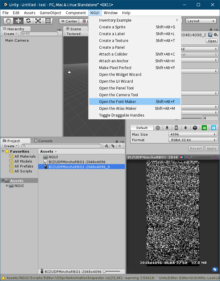 PC ゲーム リメイク版 Shadowgate（2014）で日本語を表示する方法、PC ゲーム リメイク版 Shadowgate（2014）日本語フォント作成方法、Unity ゲームエンジンで nGUI フォント作成、Unity の Project タブにある Assets フォルダに BMFont（Bitmap Font Generator）で作成した png と fnt ファイルをドラッグアンドドロップでインポート、追加した png ファイル（ファイル名末尾～_0）を選択して、Inspector タブを開き設定変更、Texture Type を Texture から Advanced に変更、Default タブにある Max Size を png ファイル縦横サイズの最大値を設定（2048x4096 の場合は 4096 に設定、4096 以上の設定は不可）、Shadowgate（2014）オリジナル nGUI テクスチャフォーマットと同じ仕様に合わせる場合は Default タブにある Format を RGBA 32bit、Generate Mip Maps のチェックマークを外す、Wrap Mode を Clamp に、Filter Mode を Trilinear、Aniso Level を 4 に設定して Apply ボタンをクリック後、インポートした png のサイズおよび設定が変更、インポートした png ファイル設定変更後 メニュー NGUI → Open the Font Maker をクリック