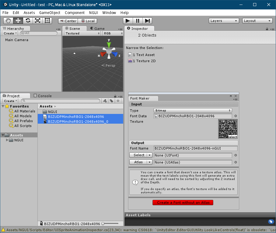 PC ゲーム リメイク版 Shadowgate（2014）で日本語を表示する方法、PC ゲーム リメイク版 Shadowgate（2014）日本語フォント作成方法、Unity ゲームエンジンで nGUI フォント作成、Unity の Project タブにある Assets フォルダに BMFont（Bitmap Font Generator）で作成した png と fnt ファイルをドラッグアンドドロップでインポート、追加した png ファイル（ファイル名末尾～_0）を選択して、Inspector タブを開き設定変更、Texture Type を Texture から Advanced に変更、Default タブにある Max Size を png ファイル縦横サイズの最大値を設定（2048x4096 の場合は 4096 に設定、4096 以上の設定は不可）、Shadowgate（2014）オリジナル nGUI テクスチャフォーマットと同じ仕様に合わせる場合は Default タブにある Format を RGBA 32bit、Generate Mip Maps のチェックマークを外す、Wrap Mode を Clamp に、Filter Mode を Trilinear、Aniso Level を 4 に設定して Apply ボタンをクリック後、インポートした png のサイズおよび設定が変更、インポートした png ファイル設定変更後 メニュー NGUI → Open the Font Maker をクリック、Font Maker 画面で Type が Bitmap になっている状態で Font Data にインポートした fnt ファイルを、Texture にインポートした png ファイルをドラッグアンドドロップ、Output にある Font Name に任意のファイル名（ここではインポート元のファイル名の末尾に -nGUI 追加）を入力して Create a Font without an Atlas ボタンをクリック
