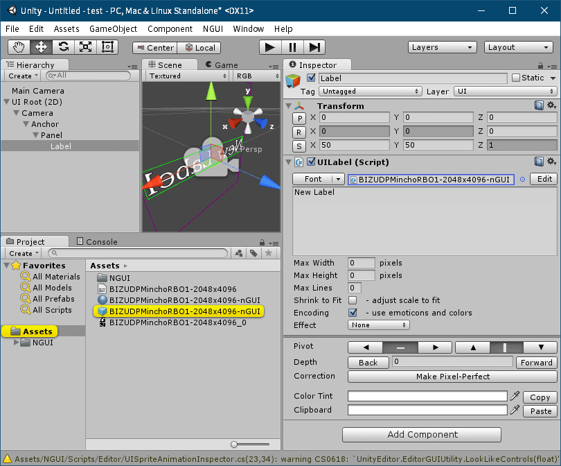 PC ゲーム リメイク版 Shadowgate（2014）で日本語を表示する方法、PC ゲーム リメイク版 Shadowgate（2014）日本語フォント作成方法、Unity ゲームエンジンで nGUI フォント作成、Unity の Project タブにある Assets フォルダに BMFont（Bitmap Font Generator）で作成した png と fnt ファイルをドラッグアンドドロップでインポート、追加した png ファイル（ファイル名末尾～_0）を選択して、Inspector タブを開き設定変更、Texture Type を Texture から Advanced に変更、Default タブにある Max Size を png ファイル縦横サイズの最大値を設定（2048x4096 の場合は 4096 に設定、4096 以上の設定は不可）、Shadowgate（2014）オリジナル nGUI テクスチャフォーマットと同じ仕様に合わせる場合は Default タブにある Format を RGBA 32bit、Generate Mip Maps のチェックマークを外す、Wrap Mode を Clamp に、Filter Mode を Trilinear、Aniso Level を 4 に設定して Apply ボタンをクリック後、インポートした png のサイズおよび設定が変更、インポートした png ファイル設定変更後 メニュー NGUI → Open the Font Maker をクリック、Font Maker 画面で Type が Bitmap になっている状態で、Font Data にインポートした fnt ファイルを、Texture にインポートした png ファイルをドラッグアンドドロップ、Output にある Font Name に任意のファイル名（ここではインポート元のファイル名の末尾に -nGUI 追加）を入力して Create a Font without an Atlas ボタンをクリック、Project タブの Assets フォルダに Font Maker の Font Name に設定した 2つのファイルが生成、続けて別の nGUI フォントを生成する場合 Font Maker の Output にある Select に、前回生成したファイルが勝手に設定されるがそのままの状態で Create a Font without an Atlas ボタンを押しても問題ない模様、メニュー NGUI → Create a Label をクリック、Hierarchy タブに追加された Label の Inspector タブにある UILabel(Script)の Font に生成した nGUI フォントを設定