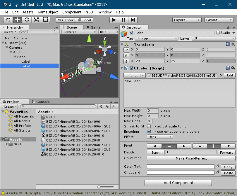 PC ゲーム リメイク版 Shadowgate（2014）で日本語を表示する方法、PC ゲーム リメイク版 Shadowgate（2014）日本語フォント作成方法、Unity ゲームエンジンで nGUI フォント作成、Unity の Project タブにある Assets フォルダに BMFont（Bitmap Font Generator）で作成した png と fnt ファイルをドラッグアンドドロップでインポート、追加した png ファイル（ファイル名末尾～_0）を選択して、Inspector タブを開き設定変更、Texture Type を Texture から Advanced に変更、Default タブにある Max Size を png ファイル縦横サイズの最大値を設定（2048x4096 の場合は 4096 に設定、4096 以上の設定は不可）、Shadowgate（2014）オリジナル nGUI テクスチャフォーマットと同じ仕様に合わせる場合は Default タブにある Format を RGBA 32bit、Generate Mip Maps のチェックマークを外す、Wrap Mode を Clamp に、Filter Mode を Trilinear、Aniso Level を 4 に設定して Apply ボタンをクリック後、インポートした png のサイズおよび設定が変更、インポートした png ファイル設定変更後 メニュー NGUI → Open the Font Maker をクリック、Font Maker 画面で Type が Bitmap になっている状態で、Font Data にインポートした fnt ファイルを、Texture にインポートした png ファイルをドラッグアンドドロップ、Output にある Font Name に任意のファイル名（ここではインポート元のファイル名の末尾に -nGUI 追加）を入力して Create a Font without an Atlas ボタンをクリック、Project タブの Assets フォルダに Font Maker の Font Name に設定した 2つのファイルが生成、続けて別の nGUI フォントを生成する場合 Font Maker の Output にある Select に、前回生成したファイルが勝手に設定されるがそのままの状態で Create a Font without an Atlas ボタンを押しても問題ない模様、メニュー NGUI → Create a Label をクリック、Hierarchy タブに追加された Label の Inspector タブにある UILabel(Script)の Font に生成した nGUI フォントを設定、同じ手順で nGUI フォントを生成して別の Label にフォント設定