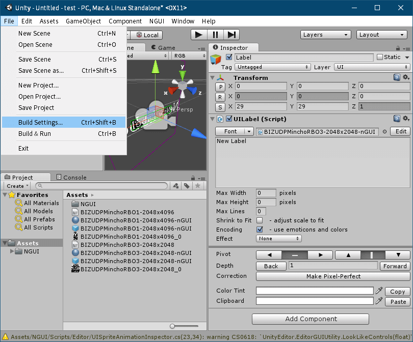 PC ゲーム リメイク版 Shadowgate（2014）で日本語を表示する方法、PC ゲーム リメイク版 Shadowgate（2014）日本語フォント作成方法、Unity ゲームエンジンで nGUI フォント作成、Unity の Project タブにある Assets フォルダに BMFont（Bitmap Font Generator）で作成した png と fnt ファイルをドラッグアンドドロップでインポート、追加した png ファイル（ファイル名末尾～_0）を選択して、Inspector タブを開き設定変更、Texture Type を Texture から Advanced に変更、Default タブにある Max Size を png ファイル縦横サイズの最大値を設定（2048x4096 の場合は 4096 に設定、4096 以上の設定は不可）、Shadowgate（2014）オリジナル nGUI テクスチャフォーマットと同じ仕様に合わせる場合は Default タブにある Format を RGBA 32bit、Generate Mip Maps のチェックマークを外す、Wrap Mode を Clamp に、Filter Mode を Trilinear、Aniso Level を 4 に設定して Apply ボタンをクリック後、インポートした png のサイズおよび設定が変更、インポートした png ファイル設定変更後 メニュー NGUI → Open the Font Maker をクリック、Font Maker 画面で Type が Bitmap になっている状態で、Font Data にインポートした fnt ファイルを、Texture にインポートした png ファイルをドラッグアンドドロップ、Output にある Font Name に任意のファイル名（ここではインポート元のファイル名の末尾に -nGUI 追加）を入力して Create a Font without an Atlas ボタンをクリック、Project タブの Assets フォルダに Font Maker の Font Name に設定した 2つのファイルが生成、続けて別の nGUI フォントを生成する場合 Font Maker の Output にある Select に、前回生成したファイルが勝手に設定されるがそのままの状態で Create a Font without an Atlas ボタンを押しても問題ない模様、メニュー NGUI → Create a Label をクリック、Hierarchy タブに追加された Label の Inspector タブにある UILabel(Script)の Font に生成した nGUI フォントを設定、同じ手順で nGUI フォントを生成して別の Label にフォント設定、メニュー File → Build Settings... をクリック