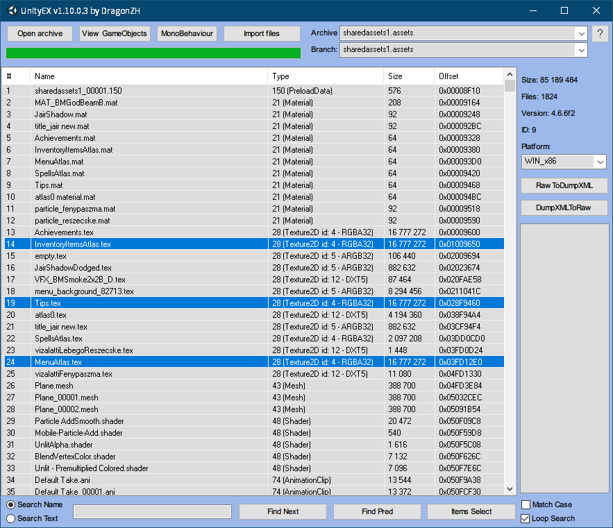 PC ゲーム リメイク版 Shadowgate（2014）で日本語を表示する方法、PC ゲーム リメイク版 Shadowgate（2014）日本語フォント作成方法、Shadowgate（2014）からテクスチャファイル（nGUI ビットマップフォント）と MonoBehaviour（UIFont）ファイルエクスポート、ゲームインストール先 Shadowgate_Data フォルダにある sharedassets1.assets ファイルを UnityEX で開き、#14 InventoryItemsAtlas.tex・#19 Tips.tex・#24 MenuAtlas.tex を選択して右クリックで Export with convert or Raw を選択、Shadowgate_Data\Unity_Assets_Files\sharedassets1\Textures フォルダに InventoryItemsAtlas.tex.dds・Tips.tex.dds・MenuAtlas.tex.dds ファイルがエクスポート