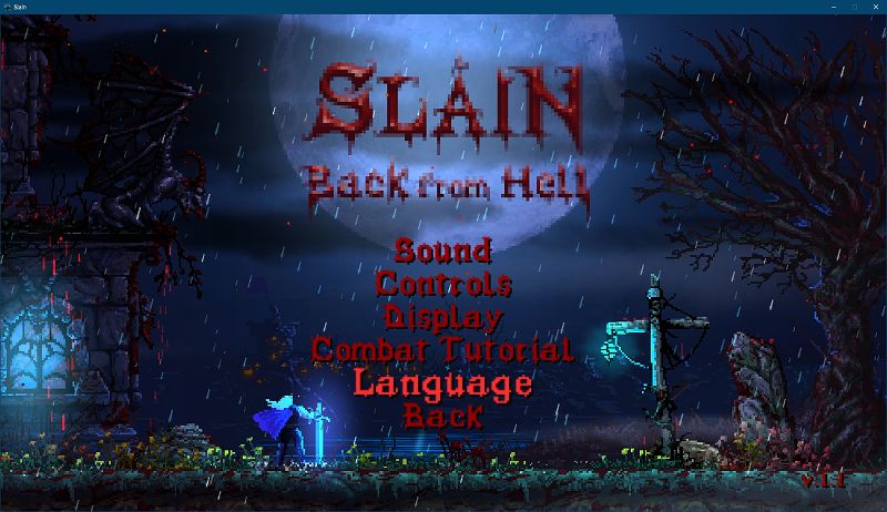 PC ゲーム Slain: Back from Hell で日本語フォントを表示する方法、Epic 版 Slain: Back from Hell 日本語表示テスト環境、ゲームタイトル画面に Language 設定あり、6言語（英語・フランス語・ドイツ語・スペイン語・イタリア語・ロシア語）収録