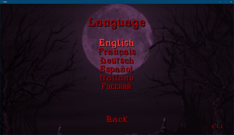 PC ゲーム Slain: Back from Hell で日本語フォントを表示する方法、Epic 版 Slain: Back from Hell 日本語表示テスト環境、ゲームタイトル画面に Language 設定あり、全部で 6言語（英語・フランス語・ドイツ語・スペイン語・イタリア語・ロシア語）収録