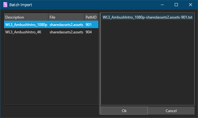 PC ゲーム Wasteland 3: Colorado Collection で日本語を表示する方法、PC ゲーム Wasteland 3: Colorado Collection - 動画ファイル解析・差し替え方法、Wasteland 3 動画ファイル差し替え方法、AssetStudio からエクスポートしたオリジナルの動画ファイル WL3_AmbushIntro_1080p.m4v と WL3_AmbushIntro_4K.m4v を使って字幕入り動画ファイルを用意、今回は動画編集ソフト Shotcut を使い字幕入り動画を作成、字幕編集後 m4v 形式に保存できなかっため、拡張子 mp4（H.264）で保存した WL3_AmbushIntro_1080p.mp4 と WL3_AmbushIntro_4K.mp4 ファイルを用意、作成した動画ファイルを WL3_Data フォルダ以下の任意の場所に配置、今回は WL3_Data フォルダに Intro フォルダを作成して WL3_AmbushIntro_1080p.mp4 と WL3_AmbushIntro_4K.mp4 ファイルを配置、ファイルを配置したフォルダ名とファイル名は後で指定するときに必要なためメモ、作成した字幕入り動画ファイルのプロパティ画面を開き、それぞれのファイルサイズ（バイト数）をメモ、今回は WL3_AmbushIntro_1080p.mp4 ファイルが 126940925バイト、WL3_AmbushIntro_4K.mp4 ファイルが 439560227バイト、UABEA で sharedassets2.assets ファイルを開き、PathID 901 の WL3_AmbushIntro_1080p と PathID 904 の WL3_AmbushIntro_4K を選択して Export Dump をクリックして（Select dump type は UABE text dump のまま）エクスポート、UABEA で sharedassets2.assets ファイルからエクスポートした WL3_AmbushIntro_1080p-sharedassets2.assets-901.txt と WL3_AmbushIntro_4K-sharedassets2.assets-904.txt ファイルをテキストエディタで開き、StreamedResource m_ExternalResources 以下 3つの項目を用意した字幕入り動画ファイル用に修正、string m_Source には sharedassets2.resource から動画ファイルが置いてあるパス名とファイル名に書き換（今回の例では Intro/WL3_AmbushIntro_1080p.mp4、Intro/WL3_AmbushIntro_4K.mp4）、UInt64 m_Offset は 0、これは複数の動画ファイルをバイナリデータで結合していない動画ファイル単体を直接指定しているため、開始アドレス（オフセット）は必ず 0 からとなるため、UInt64 m_Size は動画ファイルのファイルサイズ（バイト数）に書き換え、編集した WL3_AmbushIntro_1080p-sharedassets2.assets-901.txt と WL3_AmbushIntro_4K-sharedassets2.assets-904.txt ファイルを UABEA でインポート、UABEA で sharedassets2.assets ファイルを開き、PathID 901 の WL3_AmbushIntro_1080p と PathID 904 の WL3_AmbushIntro_4K を選択して Import Dump をクリック、Import Dump ボタンクリック後 Select import directory 画面が開くので、編集した WL3_AmbushIntro_1080p-sharedassets2.assets-901.txt と WL3_AmbushIntro_4K-sharedassets2.assets-904.txt ファイルがあるフォルダを選択、Batch Import 画面（上記画像）で OK ボタンをクリックしてインポート