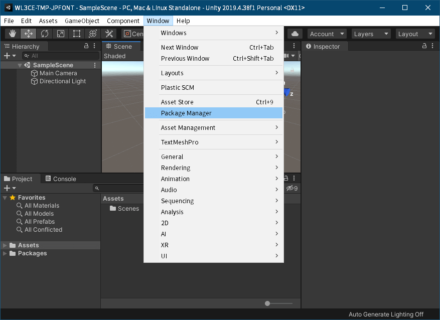 PC ゲーム Wasteland 3: Colorado Collection で日本語を表示する方法、PC ゲーム Wasteland 3: Colorado Collection 用 TextMesh Pro 日本語フォント作成・適用方法、Unity ゲームエンジンインストール・TextMesh Pro 環境設定、Unity - Download Archive から Unity Hub で Unity 2019.4.38f1（LTS）インストール、画面左側にあるプロジェクトをクリックして、画面右側にある新しいプロジェクトボタンをクリック、テンプレートを 3D（コア）を選択、任意のプロジェクト名と保存場所を適当に設定してプロジェクト作成ボタンをクリック、Unity が起動後 TextMesh Pro のバージョンを確認するためメニュー Windows → Package Manager を選択
