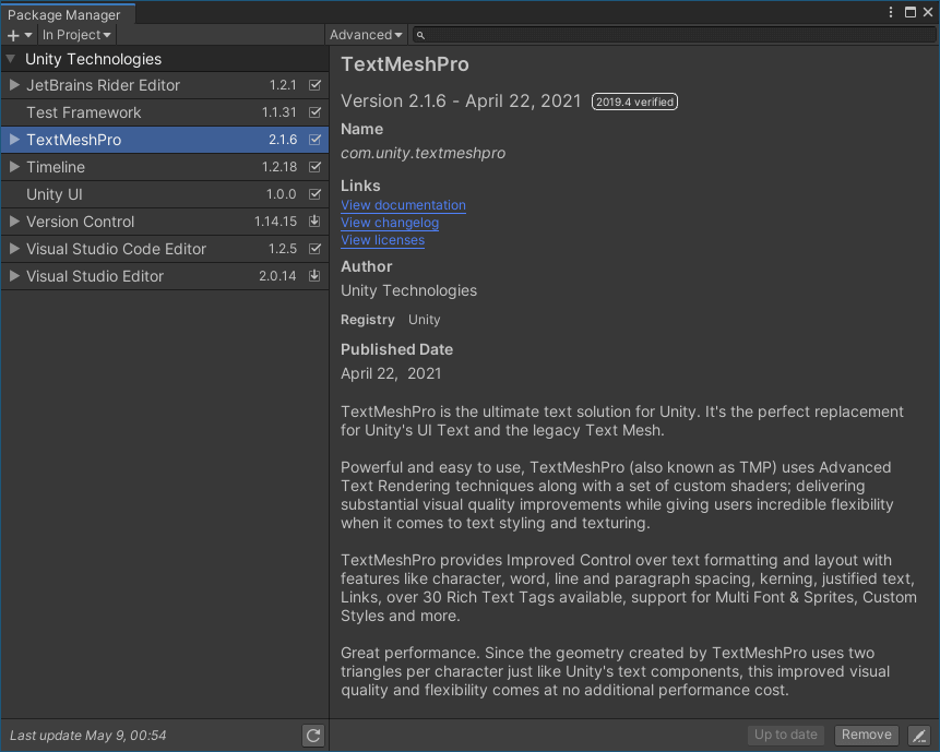 PC ゲーム Wasteland 3: Colorado Collection で日本語を表示する方法、PC ゲーム Wasteland 3: Colorado Collection 用 TextMesh Pro 日本語フォント作成・適用方法、Unity ゲームエンジンインストール・TextMesh Pro 環境設定、Unity - Download Archive から Unity Hub で Unity 2019.4.38f1（LTS）インストール、画面左側にあるプロジェクトをクリックして、画面右側にある新しいプロジェクトボタンをクリック、テンプレートを 3D（コア）を選択、任意のプロジェクト名と保存場所を適当に設定してプロジェクト作成ボタンをクリック、Unity が起動後 TextMesh Pro のバージョンを確認するためメニュー Windows → Package Manager を選択、TextMesh Pro Version 2.1.6 がインストール済み