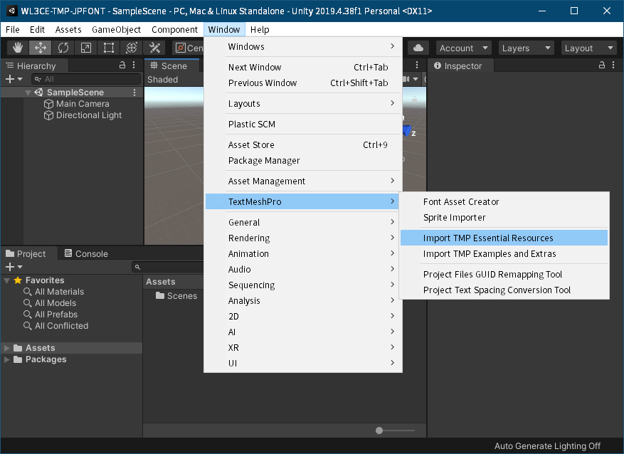 PC ゲーム Wasteland 3: Colorado Collection で日本語を表示する方法、PC ゲーム Wasteland 3: Colorado Collection 用 TextMesh Pro 日本語フォント作成・適用方法、Unity ゲームエンジンインストール・TextMesh Pro 環境設定、Unity - Download Archive から Unity Hub で Unity 2019.4.38f1（LTS）インストール、画面左側にあるプロジェクトをクリックして、画面右側にある新しいプロジェクトボタンをクリック、テンプレートを 3D（コア）を選択、任意のプロジェクト名と保存場所を適当に設定してプロジェクト作成ボタンをクリック、Unity が起動後 TextMesh Pro のバージョンを確認するためメニュー Windows → Package Manager を選択、TextMesh Pro Version 2.1.6 がインストール済み、ニュー Windows → TextMeshPro → Import TMP Essential Resources を選択