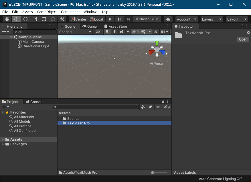 PC ゲーム Wasteland 3: Colorado Collection で日本語を表示する方法、PC ゲーム Wasteland 3: Colorado Collection 用 TextMesh Pro 日本語フォント作成・適用方法、Unity ゲームエンジンインストール・TextMesh Pro 環境設定、Unity - Download Archive から Unity Hub で Unity 2019.4.38f1（LTS）インストール、画面左側にあるプロジェクトをクリックして、画面右側にある新しいプロジェクトボタンをクリック、テンプレートを 3D（コア）を選択、任意のプロジェクト名と保存場所を適当に設定してプロジェクト作成ボタンをクリック、Unity が起動後 TextMesh Pro のバージョンを確認するためメニュー Windows → Package Manager を選択、TextMesh Pro Version 2.1.6 がインストール済み、ニュー Windows → TextMeshPro → Import TMP Essential Resources を選択、Import Unity Package 画面と TMP Essential Resources、リストすべてチェックマークがついた状態で画面右下の Import ボタンをクリックしてインポート、Project タブにある Assets フォルダ内に TextMesh Pro フォルダが生成されたらフォント作成の準備完了
