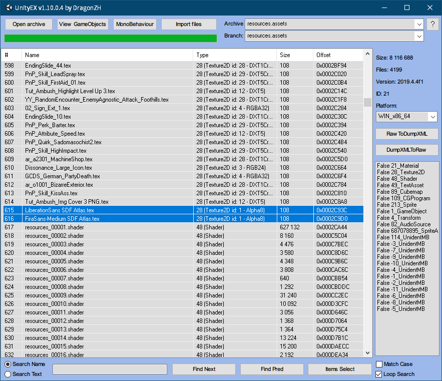 PC ゲーム Wasteland 3: Colorado Collection で日本語を表示する方法、PC ゲーム Wasteland 3: Colorado Collection フォント解析・言語データ情報、UnityEX で TextMesh Pro フォントテクスチャ（dds）エクスポート方法、WL3_Data フォルダにある resources.assets ファイルを UnityEX で開き、#615 LiberationSans SDF Atlas.tex・#616 FiraSans-Medium SDF Atlas.tex を選択して右クリックで Export with convert or Raw を選択