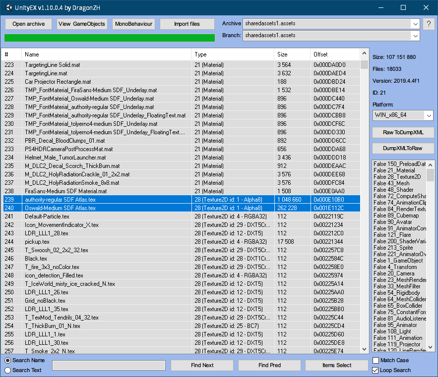 PC ゲーム Wasteland 3: Colorado Collection で日本語を表示する方法、PC ゲーム Wasteland 3: Colorado Collection フォント解析・言語データ情報、UnityEX で TextMesh Pro フォントテクスチャ（dds）エクスポート方法、UnityEX で TextMesh Pro フォントテクスチャ（dds）エクスポート方法、WL3_Data フォルダにある sharedassets1.assets ファイルを UnityEX で開き、#239 authority-regular SDF Atlas.tex・#240 Oswald-Medium SDF Atlas.tex・#562 FiraSans-Medium SDF Atlas.tex・#563 tolyerno4-medium SDF Atlas.tex を選択して右クリックで Export with convert or Raw を選択