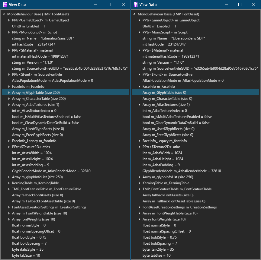 PC ゲーム Wasteland 3: Colorado Collection で日本語を表示する方法、PC ゲーム Wasteland 3: Colorado Collection 中文化ファイル（ALI213）解析情報、英語版と中文化ファイル比較結果と中国語フォント内容、UnityEX で中文化ファイルの resources.assets と sharedassets1.assets ファイルを開きすべて選択、右クリックから Export Raw を選択してファイルをエクスポート、オリジナルの同じ resources.assets と sharedassets1.assets ファイルも UnityEX で開き、同じ方法ですべてのファイルをエクスポート（Export Raw）、オリジナルと中文化それぞれの resources.assets と sharedassets1.assets ファイルから UnityEX でエクスポートした Unity_Assets_Files フォルダを WinMerge で比較、WinMerge でのオリジナルと中文化 resources.assets と sharedassets1.assets ファイルの差分結果、各列にある左～（更新日時、サイズ）がオリジナルファイルで、右～が中文化ファイル、resources フォルダにある resources_00002.-7 ファイルサイズが大きく異なり、中文化ファイルのほうが大きい、resources_00002.-7 ファイルは（UABEA: Path ID、UnityEX: #）4190 の FiraSans-Medium Default SDF - TextMesh Pro - MonoBehaviour ファイル、中文化ファイルのほうがサイズが大きく漢字文字数分グリフデータが多く登録、反対に resources フォルダにある resources_00001.-7 ファイル、sharedassets1 フォルダにある sharedassets1_00001.-149・sharedassets1_00002.-149・sharedassets1_00003.-149・sharedassets1_00004.-149 ファイルはオリジナルのほうがファイルサイズが大きい、すべて TextMesh Pro - MonoBehaviour ファイルでそれぞれ LiberationSans SDF（resources_00001.-7）、FiraSans-Medium SDF（sharedassets1_00001.-149）・Oswald-Medium SDF（sharedassets1_00002.-149）・authority-regular SDF（sharedassets1_00003.-149）・tolyerno4-medium SDF（sharedassets1_00004.-149）、MonoBehaviour ファイルはオリジナルのほうが大きい（中文化のほうが小さい）理由について、UABEA で resources.assets ファイルを開き、PathID 4186 TextMesh Pro - MonoBehaviour LiberationSans SDF（resources_00001.-7）の View Data の内容、画像左側がオリジナル版、右側が中文化版、ハイライト個所にある m_GlyphTable とその下にある m_CharacterTable のみ Size が違うため、これがファイルサイズの大きさにそのまま直結、右側の中文化版は Size 0 とある通り中身をすべて削除、ほかのオリジナルよりファイルサイズが小さい TextMesh Pro - MonoBehaviour ファイルも同じく中文化ファイルは Size 0、おそらく m_GlyphTable と m_CharacterTable の中身をすべて削除することで強制的にフォールバックを行い、別のフォントを参照されている、中文化版では中国語フォントは 1つしかなく（FiraSans-Medium Default SDF のみ）、1つしかない中国語フォントを読み込ませるため、残りの TextMesh Pro - MonoBehaviour ファイルにある m_GlyphTable と m_CharacterTable をすべて削除させている