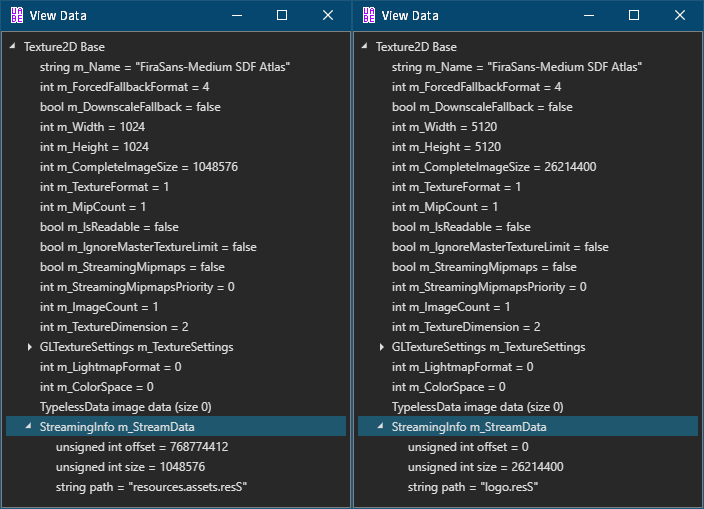 PC ゲーム Wasteland 3: Colorado Collection で日本語を表示する方法、PC ゲーム Wasteland 3: Colorado Collection 中文化ファイル（ALI213）解析情報、英語版と中文化ファイル比較結果と中国語フォント内容、UnityEX で中文化ファイルの resources.assets と sharedassets1.assets ファイルを開きすべて選択、右クリックから Export Raw を選択してファイルをエクスポート、オリジナルの同じ resources.assets と sharedassets1.assets ファイルも UnityEX で開き、同じ方法ですべてのファイルをエクスポート（Export Raw）、オリジナルと中文化それぞれの resources.assets と sharedassets1.assets ファイルから UnityEX でエクスポートした Unity_Assets_Files フォルダを WinMerge で比較、WinMerge でのオリジナルと中文化 resources.assets と sharedassets1.assets ファイルの差分結果、各列にある左～（更新日時、サイズ）がオリジナルファイルで、右～が中文化ファイル、resources フォルダにある resources_00002.-7 ファイルサイズが大きく異なり、中文化ファイルのほうが大きい、resources_00002.-7 ファイルは（UABEA: Path ID、UnityEX: #）4190 の FiraSans-Medium Default SDF - TextMesh Pro - MonoBehaviour ファイル、中文化ファイルのほうがサイズが大きく漢字文字数分グリフデータが多く登録、反対に resources フォルダにある resources_00001.-7 ファイル、sharedassets1 フォルダにある sharedassets1_00001.-149・sharedassets1_00002.-149・sharedassets1_00003.-149・sharedassets1_00004.-149 ファイルはオリジナルのほうがファイルサイズが大きい、すべて TextMesh Pro - MonoBehaviour ファイルでそれぞれ LiberationSans SDF（resources_00001.-7）、FiraSans-Medium SDF（sharedassets1_00001.-149）・Oswald-Medium SDF（sharedassets1_00002.-149）・authority-regular SDF（sharedassets1_00003.-149）・tolyerno4-medium SDF（sharedassets1_00004.-149）、MonoBehaviour ファイルはオリジナルのほうが大きい（中文化のほうが小さい）理由について、UABEA で resources.assets ファイルを開き、PathID 4186 TextMesh Pro - MonoBehaviour LiberationSans SDF（resources_00001.-7）の View Data の内容、画像左側がオリジナル版、右側が中文化版、ハイライト個所にある m_GlyphTable とその下にある m_CharacterTable のみ Size が違うため、これがファイルサイズの大きさにそのまま直結、右側の中文化版は Size 0 とある通り中身をすべて削除、ほかのオリジナルよりファイルサイズが小さい TextMesh Pro - MonoBehaviour ファイルも同じく中文化ファイルは Size 0、おそらく m_GlyphTable と m_CharacterTable の中身をすべて削除することで強制的にフォールバックを行い、別のフォントを参照されている、中文化版では中国語フォントは 1つしかなく（FiraSans-Medium Default SDF のみ）、1つしかない中国語フォントを読み込ませるため、残りの TextMesh Pro - MonoBehaviour ファイルにある m_GlyphTable と m_CharacterTable をすべて削除させている、WinMerge の差分結果から中国語フォントは resources.assets ファイルに含まれる FiraSans-Medium SDF Atlas.tex ファイル、中文化 resources.assets ファイルを UnityEX で開き、#616 の FiraSans-Medium SDF Atlas.tex を右クリックで Export with convert raw でエクスポート、Unity_Assets_Files\resources\Textures\res_logo フォルダにエクスポートされた FiraSans-Medium SDF Atlas.tex.dds ファイル、エクスポート時に生成されたフォルダ名を見ると res_logo という名前のフォルダが生成、resources.assets ファイルからではなく、もう一つあった res_logo ファイルからテクスチャファイルがエクスポートされたことを意味、UnityEX での #616 の FiraSans-Medium SDF Atlas.tex の Size が 96 しかないのはそれが理由、アセットファイルではどのようにフォントテクスチャを管理しているのか確認、中文化 resources.assets ファイルを UnityEX で開き、#616 のFiraSans-Medium SDF Atlas.tex を右クリックで Export with convert raw でエクスポート、UnityEX で中文化 resources.assets ファイルから Unity_Assets_Files\resources\Textures\res_logo フォルダへエクスポートされた FiraSans-Medium SDF Atlas.tex.dds ファイルのプロパティ情報、ファイルサイズは 26,214,528バイト、中文化 logo.resS ファイルのプロパティ情報です。ファイルサイズは 26,214,400バイトです。FiraSans-Medium SDF Atlas.tex.dds ファイルと比べて 128バイト小さいファイルサイズこの差分は 128バイトは DDS ヘッダ分となっており、logo.resS ファイルは FiraSans-Medium SDF Atlas.tex.dds から先頭 128バイト（DDS ヘッダ）を削除したファイル、バイナリエディタで logo.resS の先頭アドレスに FiraSans-Medium SDF Atlas.tex.dds ファイルの DDS ヘッダ 128バイトを追加すると、まったく同じバイナリデータになる、UABEA で resources.assets ファイルを開き、PathID 616 FiraSans-Medium SDF Atlas.tex の View Data の内容、画像左側がオリジナル版、右側が中文化版、Texture2D Base 以下にある m_Width、m_Height、m_CompleteImageSize と、StreamingInfo m_StreamData 以下にある offset、size、path が logo.resS ファイルの内容に書き換えられているのが確認