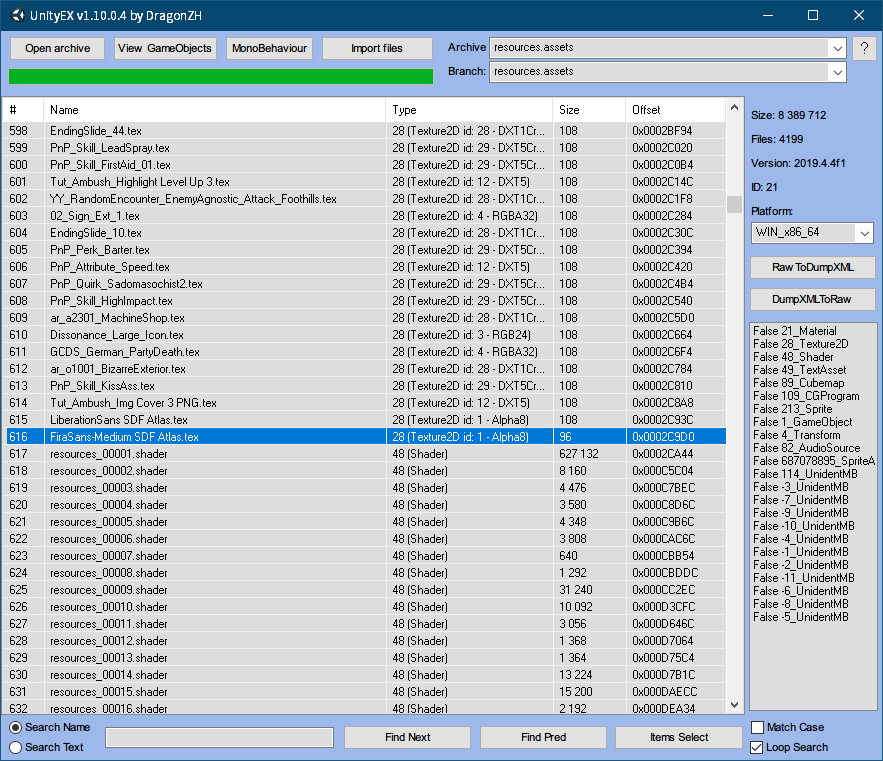 PC ゲーム Wasteland 3: Colorado Collection で日本語を表示する方法、PC ゲーム Wasteland 3: Colorado Collection 中文化ファイル（ALI213）解析情報、英語版と中文化ファイル比較結果と中国語フォント内容、UnityEX で中文化ファイルの resources.assets と sharedassets1.assets ファイルを開きすべて選択、右クリックから Export Raw を選択してファイルをエクスポート、オリジナルの同じ resources.assets と sharedassets1.assets ファイルも UnityEX で開き、同じ方法ですべてのファイルをエクスポート（Export Raw）、オリジナルと中文化それぞれの resources.assets と sharedassets1.assets ファイルから UnityEX でエクスポートした Unity_Assets_Files フォルダを WinMerge で比較、WinMerge でのオリジナルと中文化 resources.assets と sharedassets1.assets ファイルの差分結果、各列にある左～（更新日時、サイズ）がオリジナルファイルで、右～が中文化ファイル、resources フォルダにある resources_00002.-7 ファイルサイズが大きく異なり、中文化ファイルのほうが大きい、resources_00002.-7 ファイルは（UABEA: Path ID、UnityEX: #）4190 の FiraSans-Medium Default SDF - TextMesh Pro - MonoBehaviour ファイル、中文化ファイルのほうがサイズが大きく漢字文字数分グリフデータが多く登録、反対に resources フォルダにある resources_00001.-7 ファイル、sharedassets1 フォルダにある sharedassets1_00001.-149・sharedassets1_00002.-149・sharedassets1_00003.-149・sharedassets1_00004.-149 ファイルはオリジナルのほうがファイルサイズが大きい、すべて TextMesh Pro - MonoBehaviour ファイルでそれぞれ LiberationSans SDF（resources_00001.-7）、FiraSans-Medium SDF（sharedassets1_00001.-149）・Oswald-Medium SDF（sharedassets1_00002.-149）・authority-regular SDF（sharedassets1_00003.-149）・tolyerno4-medium SDF（sharedassets1_00004.-149）、MonoBehaviour ファイルはオリジナルのほうが大きい（中文化のほうが小さい）理由について、UABEA で resources.assets ファイルを開き、PathID 4186 TextMesh Pro - MonoBehaviour LiberationSans SDF（resources_00001.-7）の View Data の内容、画像左側がオリジナル版、右側が中文化版、ハイライト個所にある m_GlyphTable とその下にある m_CharacterTable のみ Size が違うため、これがファイルサイズの大きさにそのまま直結、右側の中文化版は Size 0 とある通り中身をすべて削除、ほかのオリジナルよりファイルサイズが小さい TextMesh Pro - MonoBehaviour ファイルも同じく中文化ファイルは Size 0、おそらく m_GlyphTable と m_CharacterTable の中身をすべて削除することで強制的にフォールバックを行い、別のフォントを参照されている、中文化版では中国語フォントは 1つしかなく（FiraSans-Medium Default SDF のみ）、1つしかない中国語フォントを読み込ませるため、残りの TextMesh Pro - MonoBehaviour ファイルにある m_GlyphTable と m_CharacterTable をすべて削除させている、WinMerge の差分結果から中国語フォントは resources.assets ファイルに含まれる FiraSans-Medium SDF Atlas.tex ファイル、中文化 resources.assets ファイルを UnityEX で開き、#616 の FiraSans-Medium SDF Atlas.tex を右クリックで Export with convert raw でエクスポート