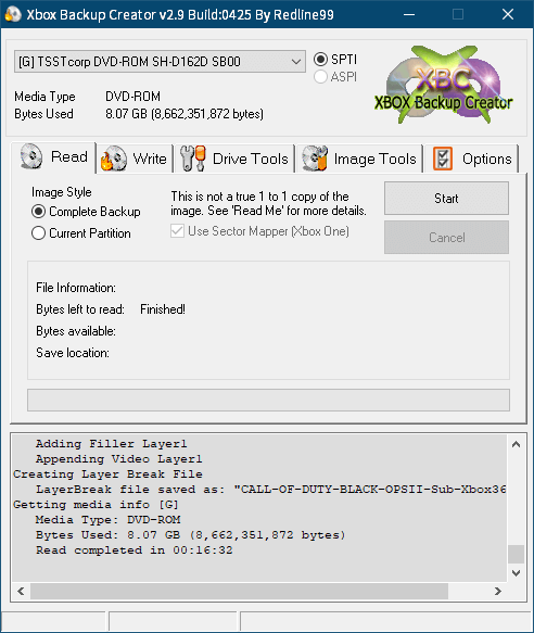 東芝サムスン製 DVD ドライブ TS-H352D の SH-D162D 化メモ、DVD ドライブ SH-D162D と Xbox Backup Creator で Xbox 360（XGD3）ディスクダンプ結果、コール オブ デューティ ブラックオプス II 字幕版（Xbox 360） ディスクバックアップ終了後 Xbox Backup Creator 画面 Bytes Used 8.07 GB - Bytes left to read : Finished!