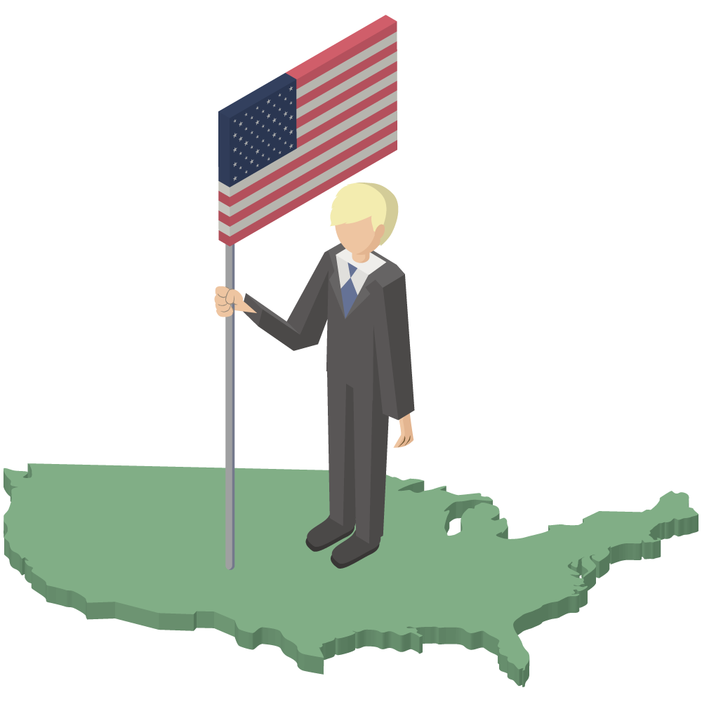 シンプルでアイソメトリックな立体的なアメリカの地図の上に立つアメリカ合衆国の国旗を持った男性の素材