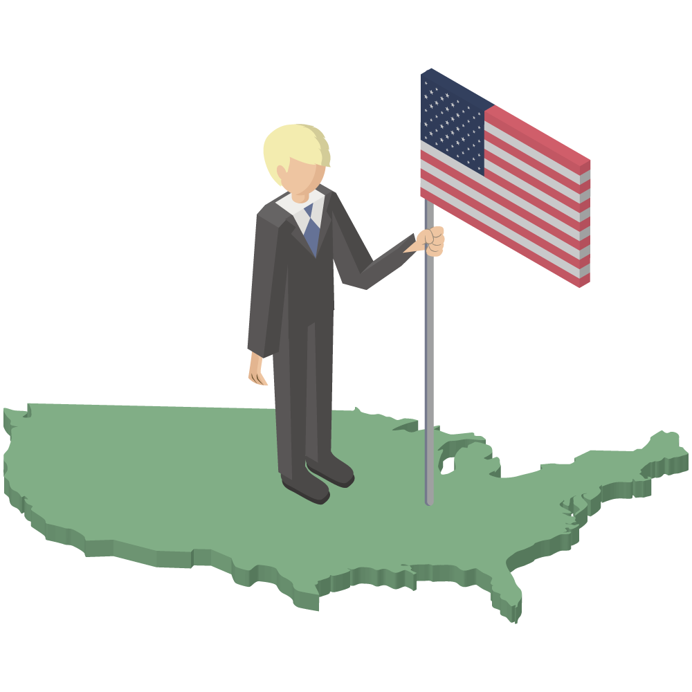 シンプルでアイソメトリックな立体的なアメリカ地図の上に立つ星条旗を持った男性の素材