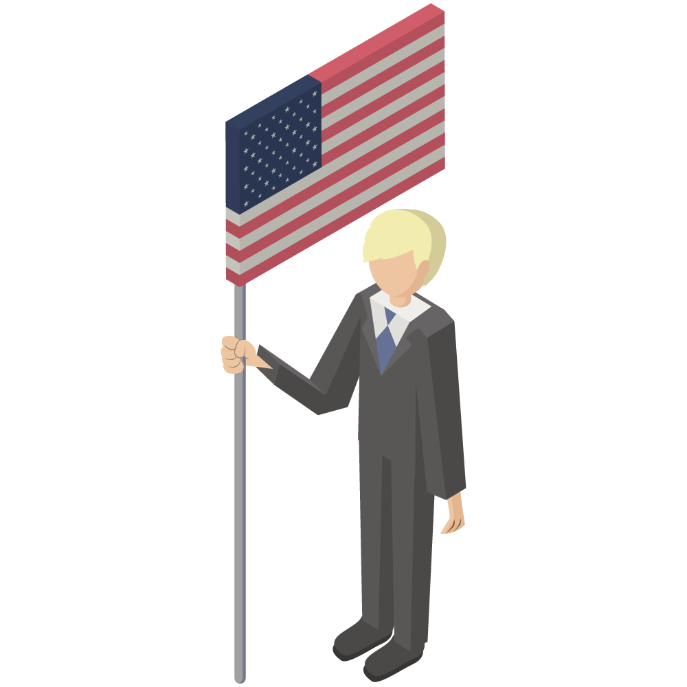 シンプルでアイソメトリックな立体的な国旗を持ったアメリカ人男性の素材